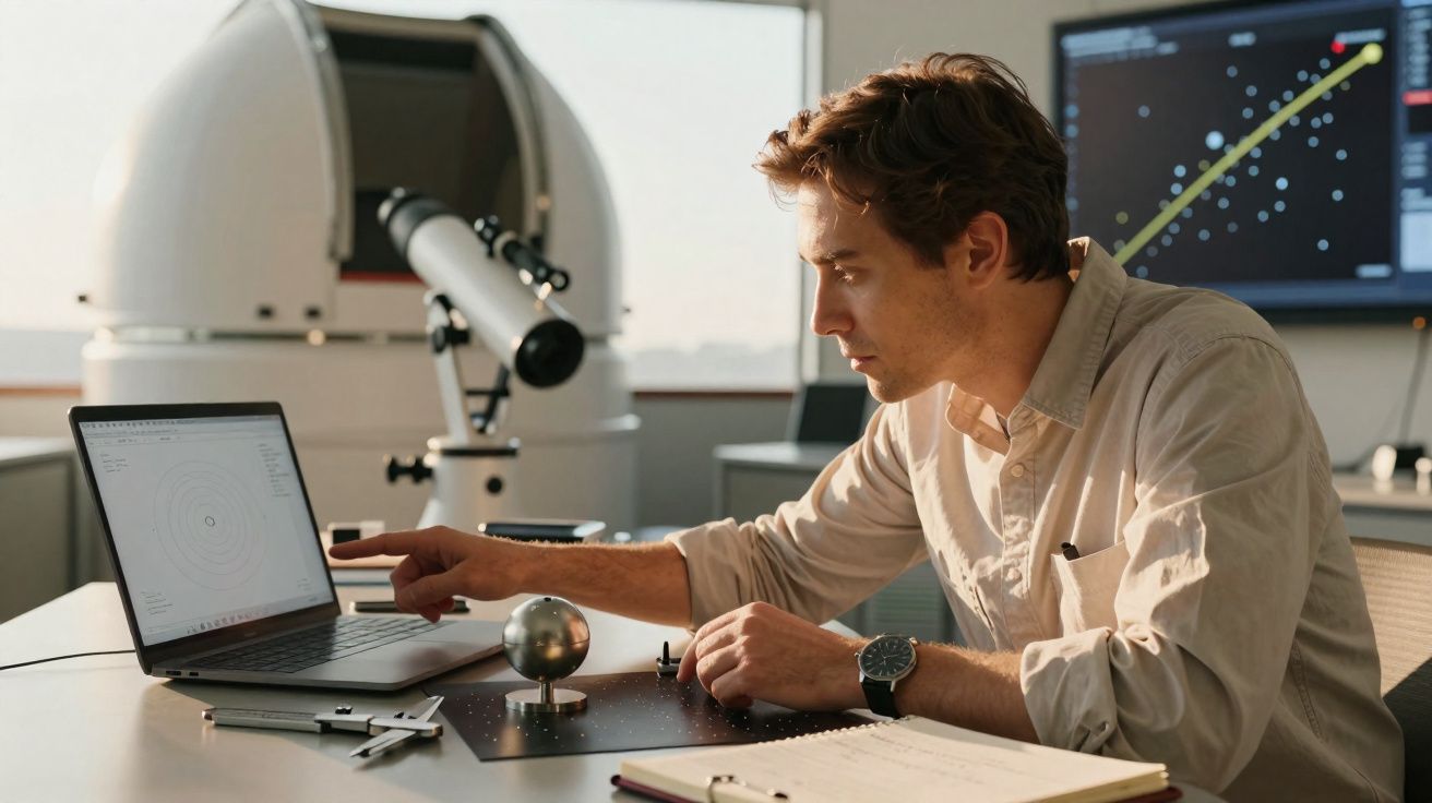 Homem a estudar modelos astronómicos num computador portátil com telescópio e planetário ao fundo.
