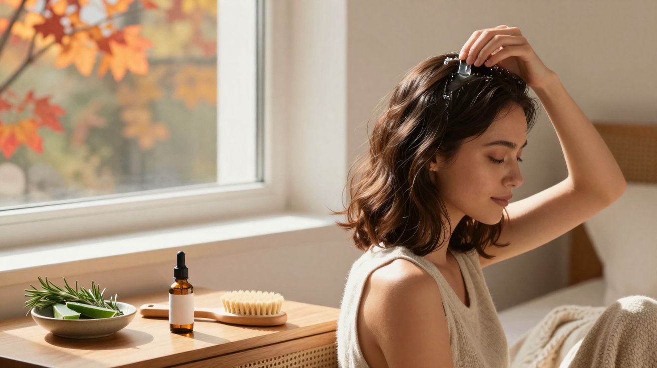 Mulher com cabelo castanho médio a pentear-se, sentada perto de janela com luz natural e produtos de cuidado capilar.