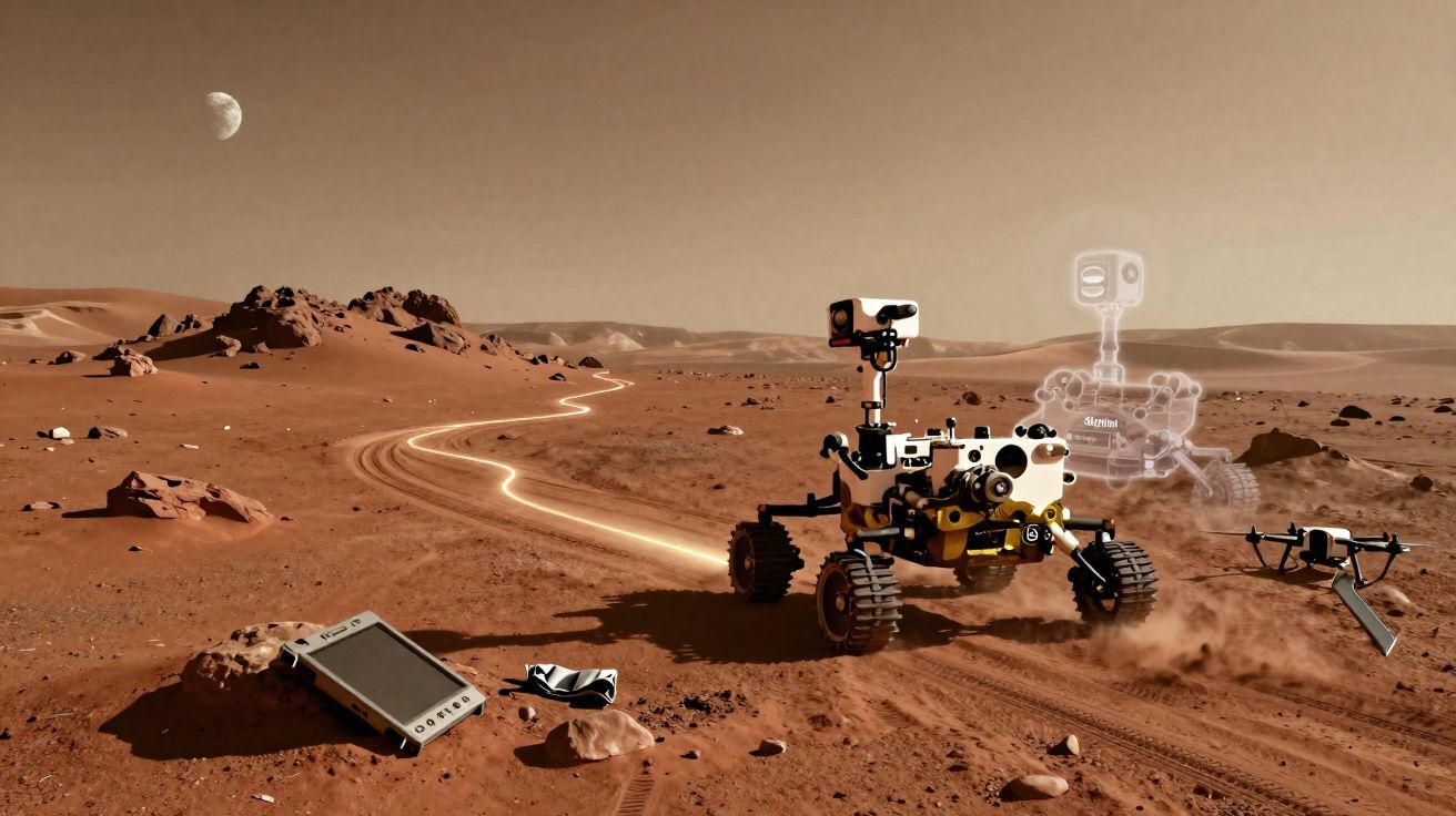 Rover espacial explorando superfície marciana com caminho iluminado, equipamento e colinas ao fundo.