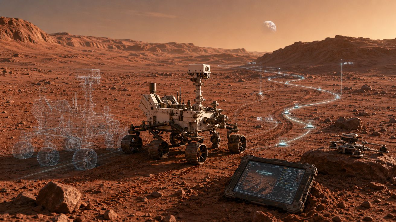 Rover exploratório numa paisagem marciana com terreno rochoso, tablet digital e projeção holográfica de rota.
