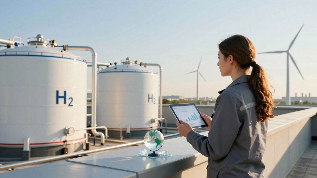 Mulher com tablet a analisar tanques de hidrogénio e turbinas eólicas num cenário industrial.