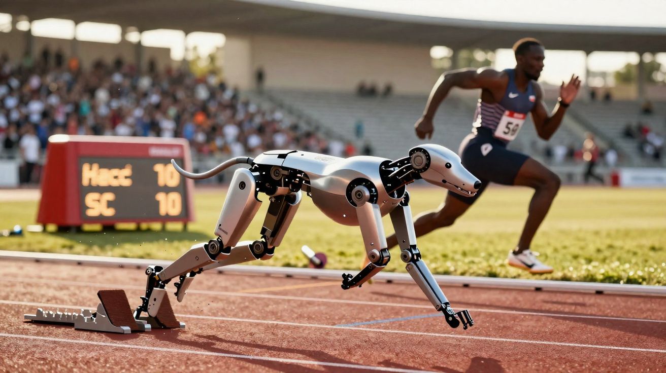 Robô em forma de cão simula corrida numa pista de atletismo com atleta humano ao fundo.