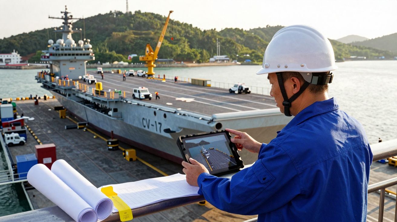 Homem de capacete branco e uniforme azul observa porta-aviões CV-17 no cais, segurando tablet com imagem da embarcação.