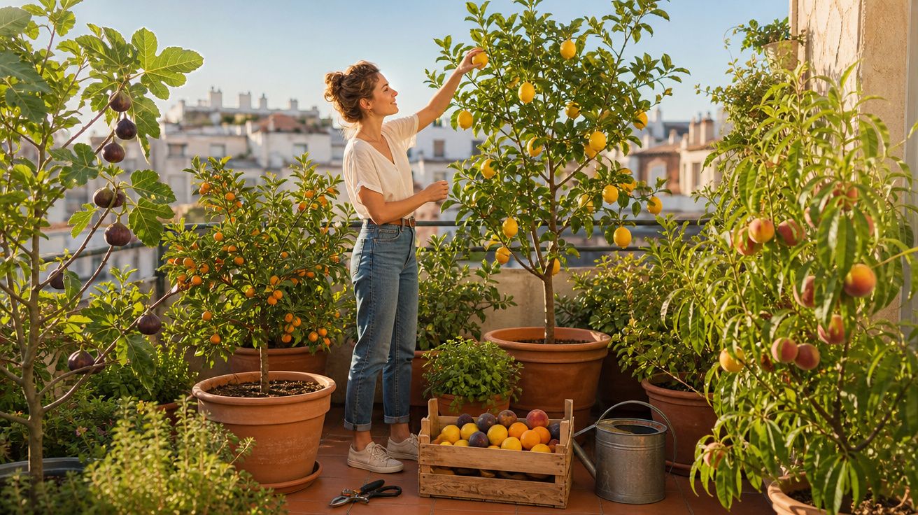 Mulher a colher limões numa varanda cheia de plantas e árvores frutíferas ao fim da tarde.