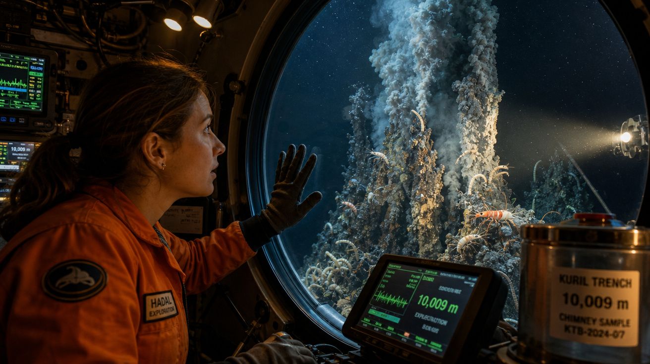 Mulher em submarino observa formação hidrotermal e vida marinha a 10.009 metros de profundidade no abismo Kuril.