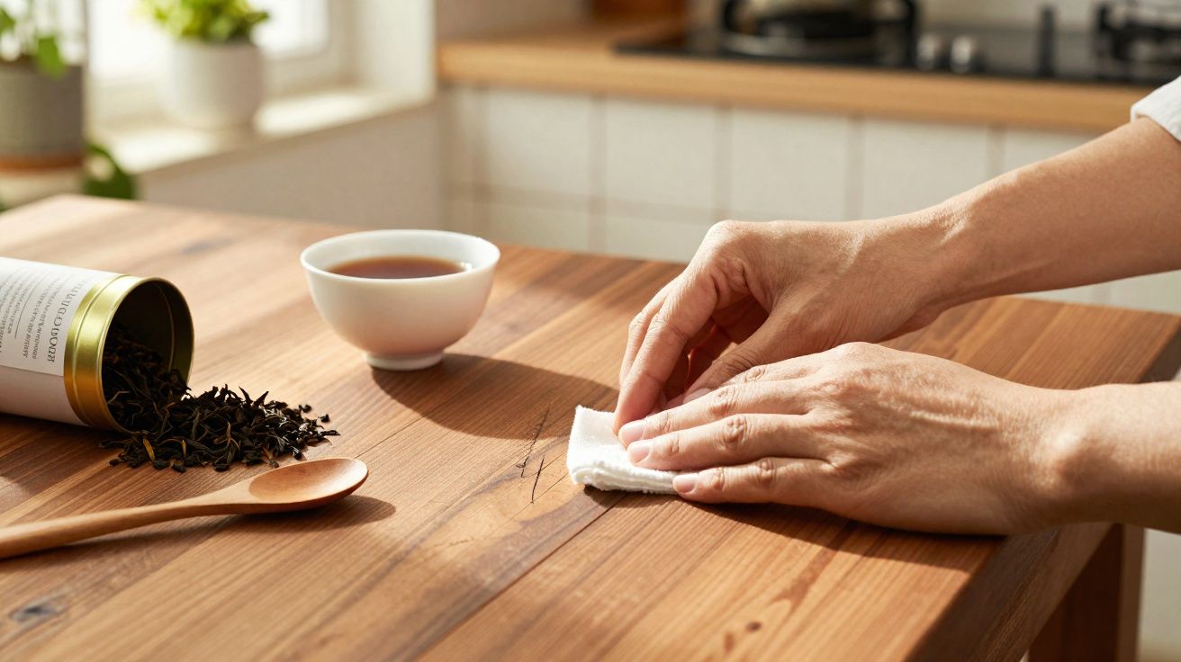 Mãos a limpar uma mesa de madeira com um pano, chá quente numa chávena e chá solto derramado de uma caixa.