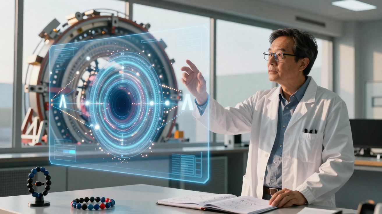 Homem a usar bata branca interage com holograma digital numa sala de laboratório com equipamentos científicos.
