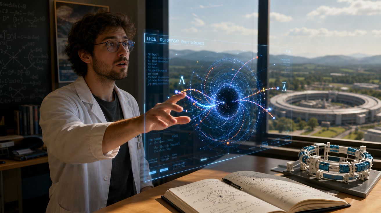 Cientista com bata branca interage com projeção holográfica de modelo científico em escritório com vista para laboratório.