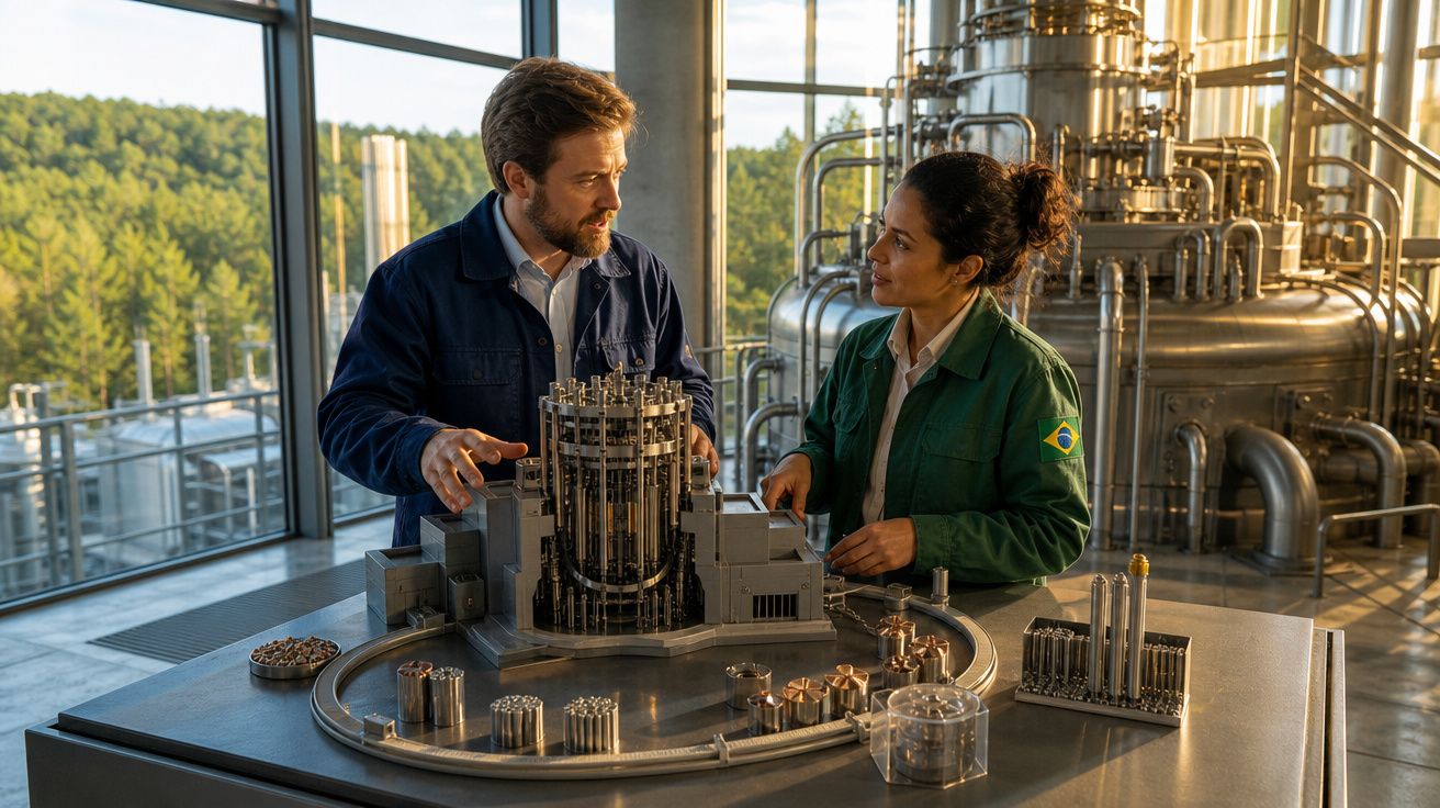 Dois engenheiros analisam maquete industrial numa fábrica moderna com maquinaria metálica ao fundo.