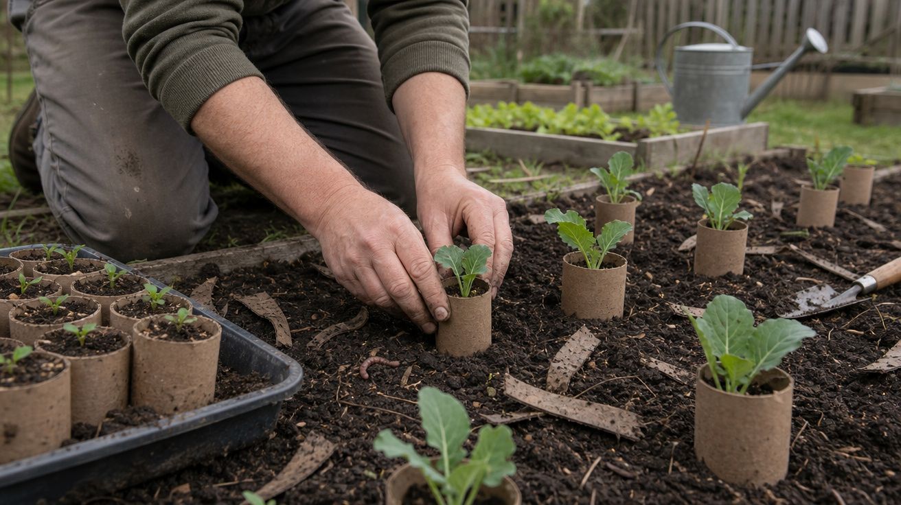 Pessoa a transplantar mudas de plantas para um canteiro de jardim com terra fértil e regador ao fundo.