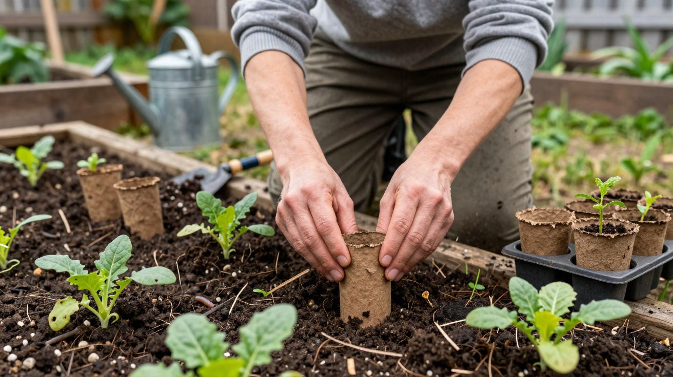 Pessoa a plantar rebentos em pequenos vasos biodegradáveis num jardim de cultivo com terra húmida.