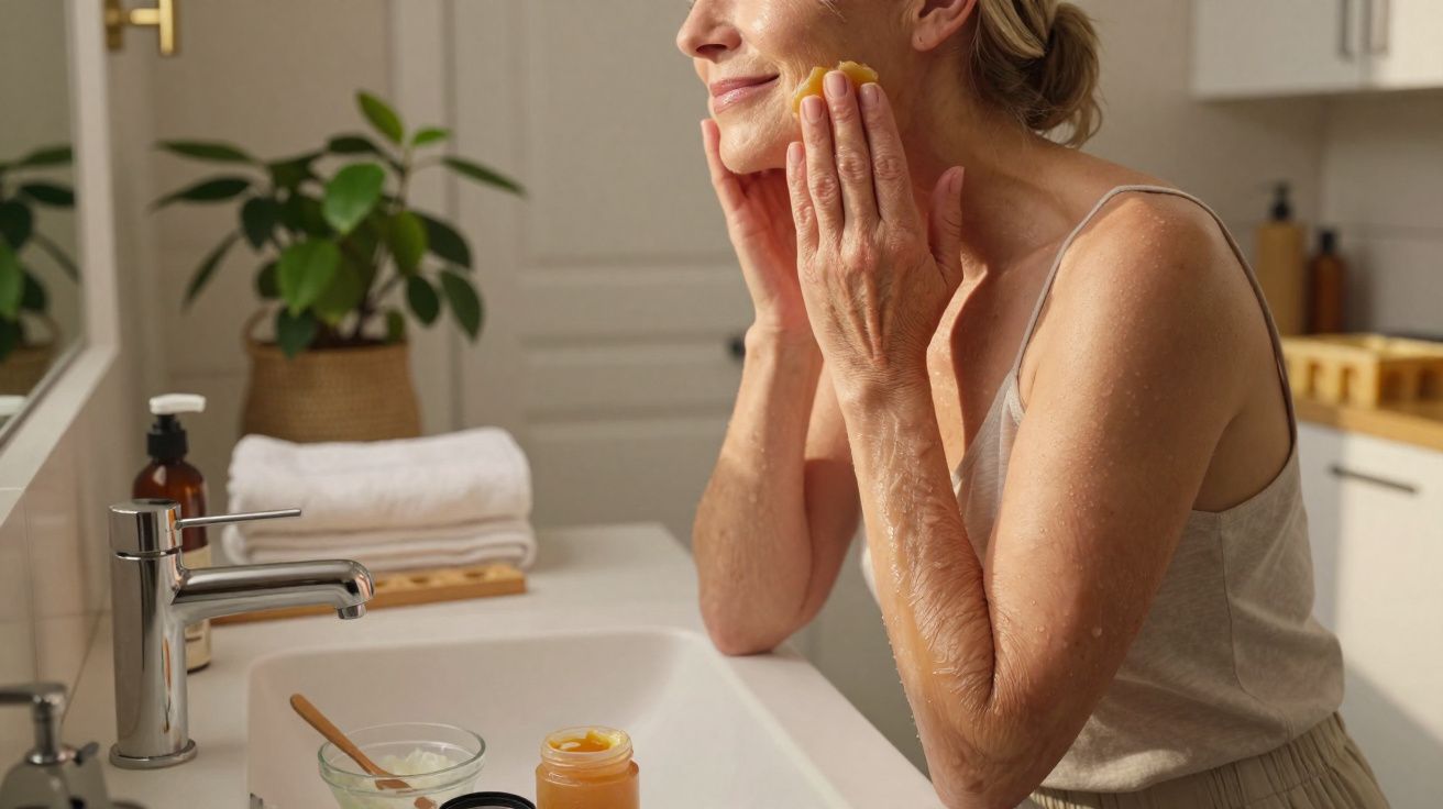 Mulher sorridente aplica creme facial junto a pia de casa de banho com toalhas e plantas ao fundo.