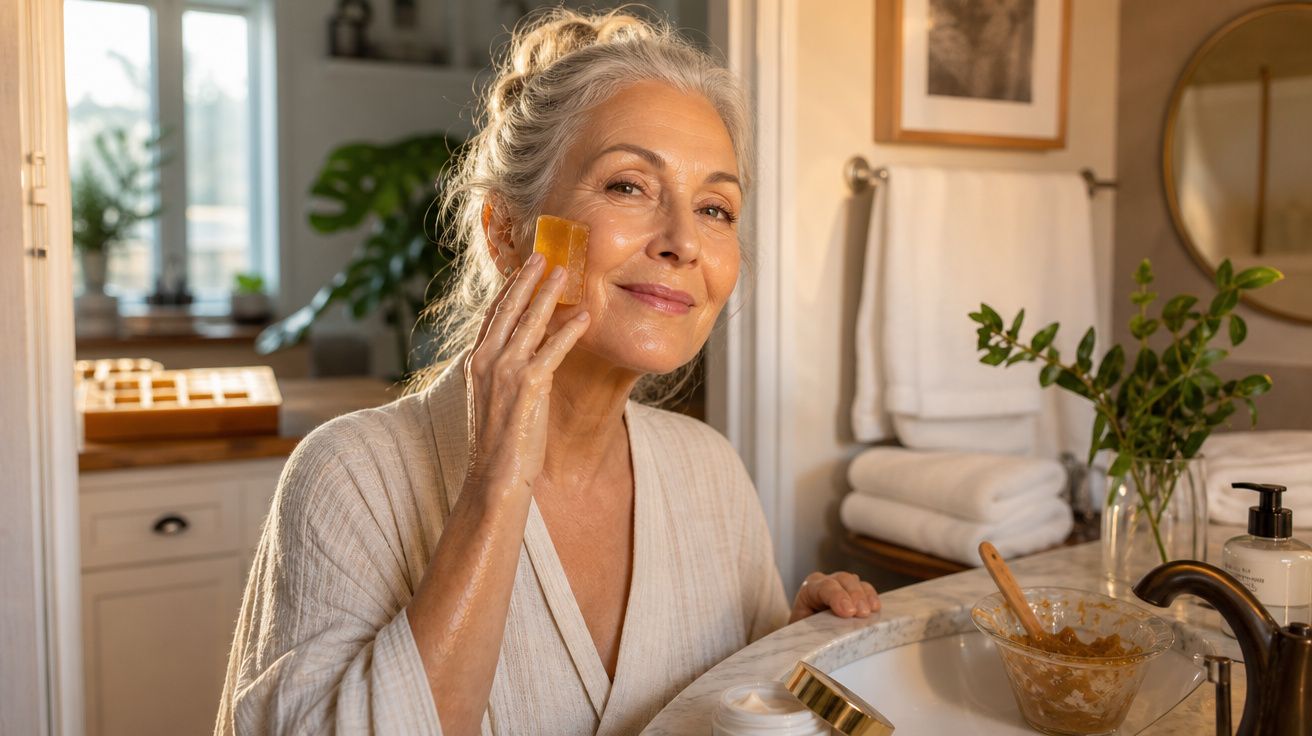 Mulher sénior a aplicar máscara facial natural num ambiente de casa de banho iluminado e acolhedor.