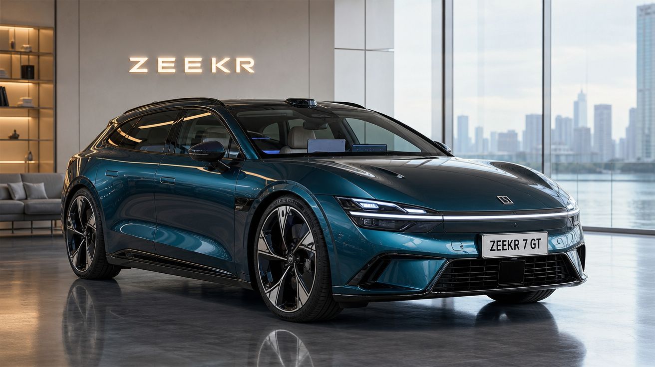 Carro elétrico Zeekr 7 GT azul metálico estacionado em showroom moderno com vista para cidade.