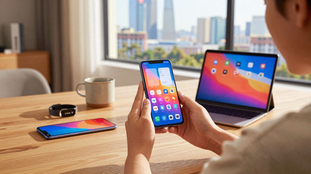Pessoa a usar smartphone com aplicações abertas, laptop e telemóvel numa mesa em ambiente de escritório.