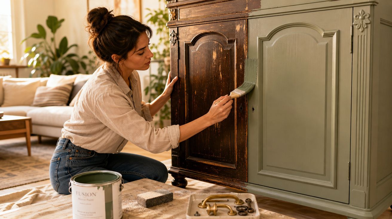 Mulher pinta um móvel de madeira antigo, aplicando tinta verde enquanto está ajoelhada numa sala acolhedora.