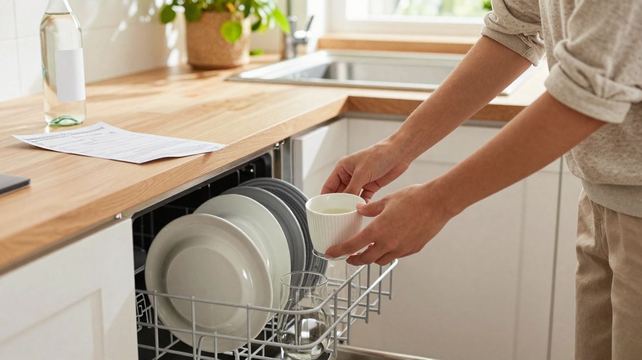 Pessoa a guardar uma chávena branca numa máquina de lavar loiça numa cozinha clara e moderna.