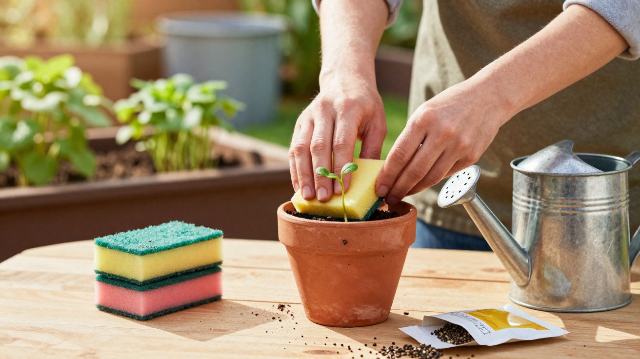 Pessoa a colocar uma esponja com planta num vaso de barro, com regador e sementes numa mesa de madeira.