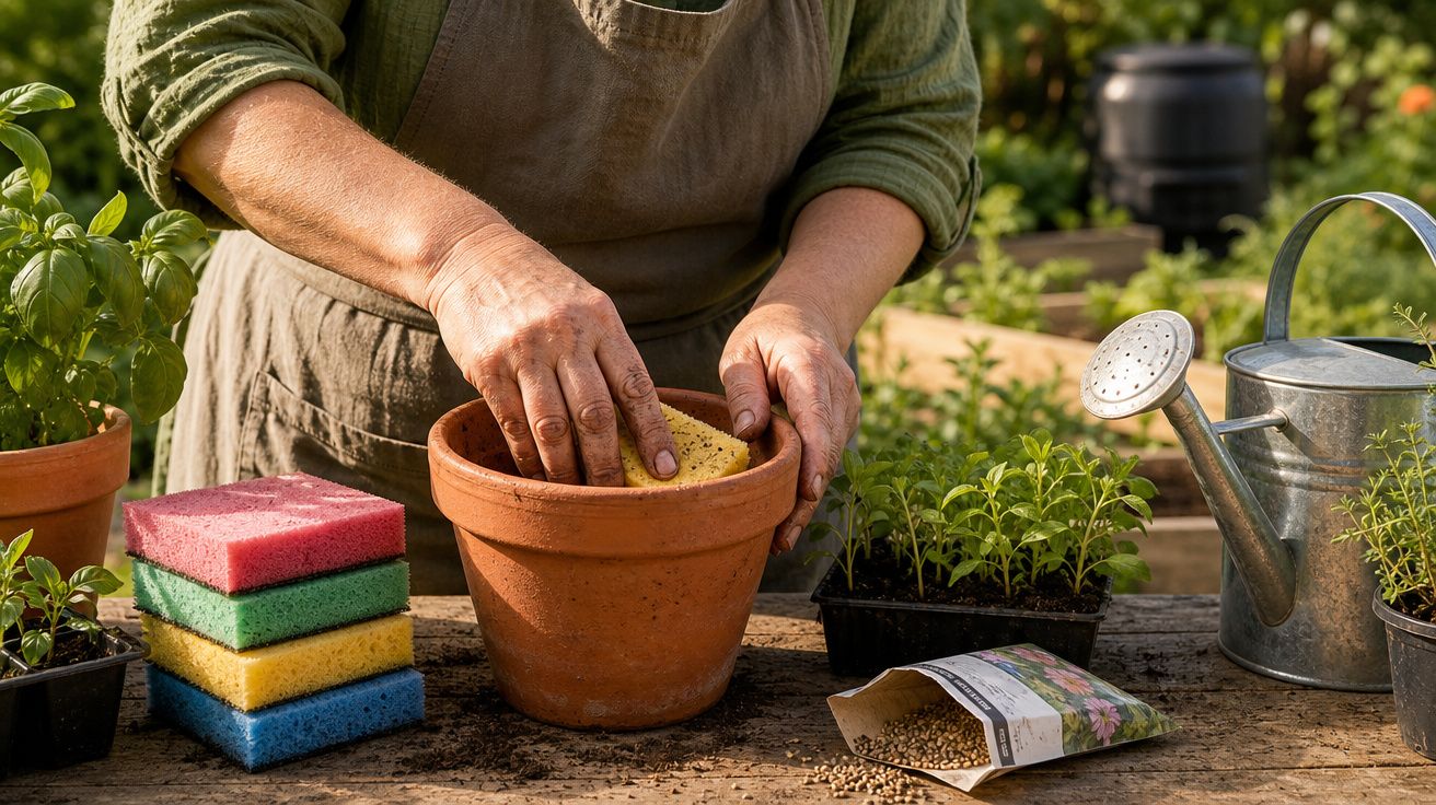 Pessoa preparada para plantar com vaso, esponja, regador, sementes e plantas no jardim.