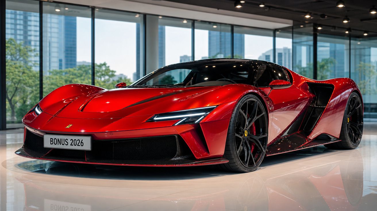 Carro desportivo vermelho e preto com design futurista estacionado em espaço interior moderno com janelas grandes.