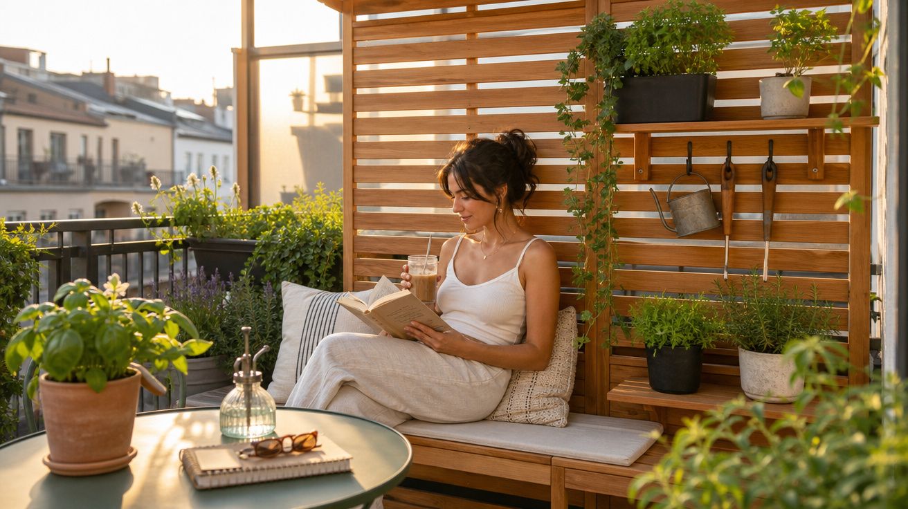Mulher sentada na varanda a ler um livro e beber, rodeada de plantas e luz do pôr do sol.