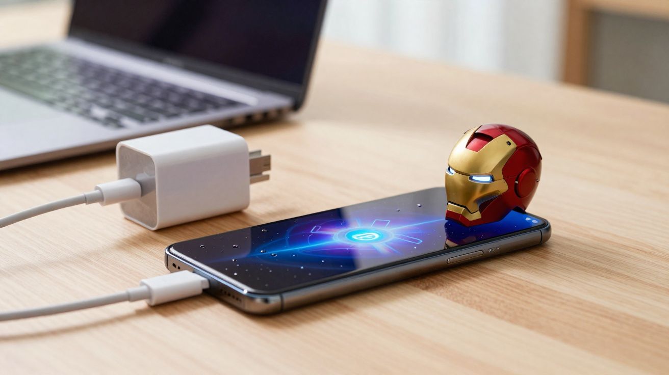 Smartphone a carregar com símbolo azul e pequena máscara de Homem de Ferro com luzes azuis sobre uma mesa de madeira.