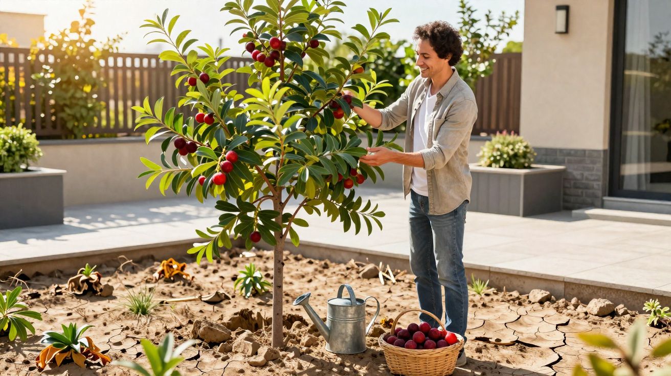 Homem a colher frutos vermelhos de uma árvore pequena num jardim seco com regador ao lado.