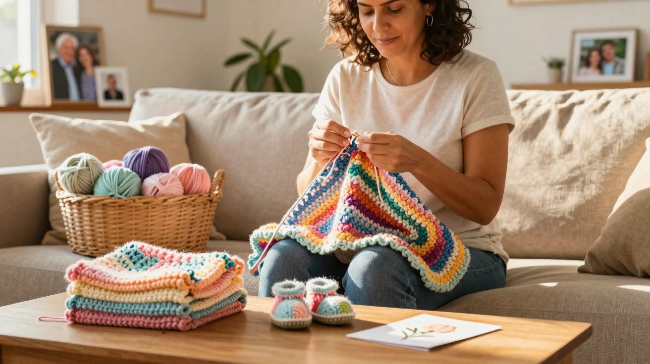 Mulher sentada no sofá a fazer malha colorida, com novelo de lã e trabalhos em tricot na mesa à frente.