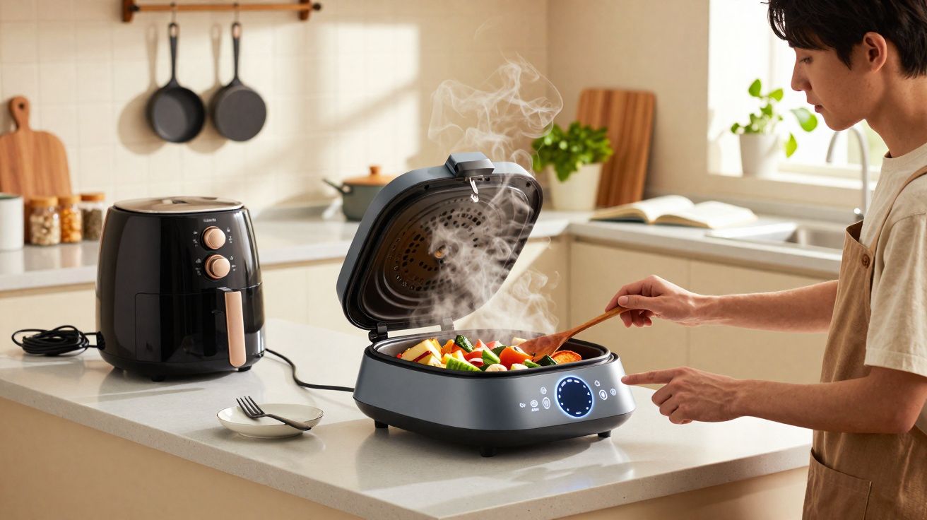 Pessoa a cozinhar legumes num robot de cozinha elétrico com vapores numa cozinha moderna.