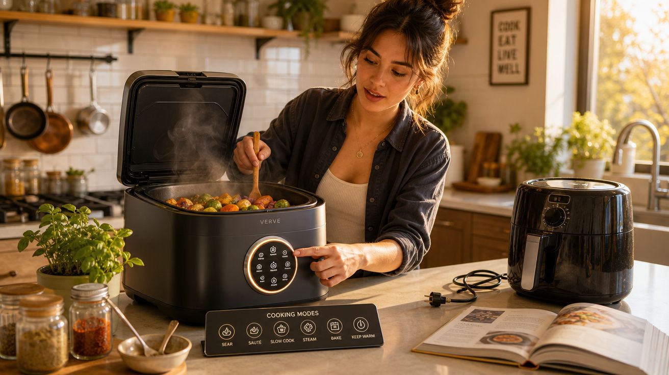 Mulher a cozinhar leguminosas numa panela elétrica moderna numa cozinha iluminada.