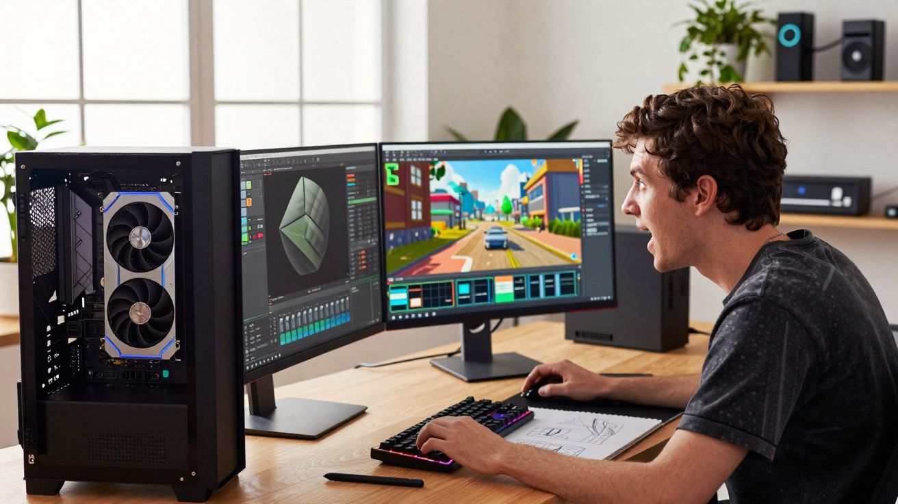 Jovem a trabalhar em design gráfico e modelagem 3D em ambiente moderno com dupla monitorização.