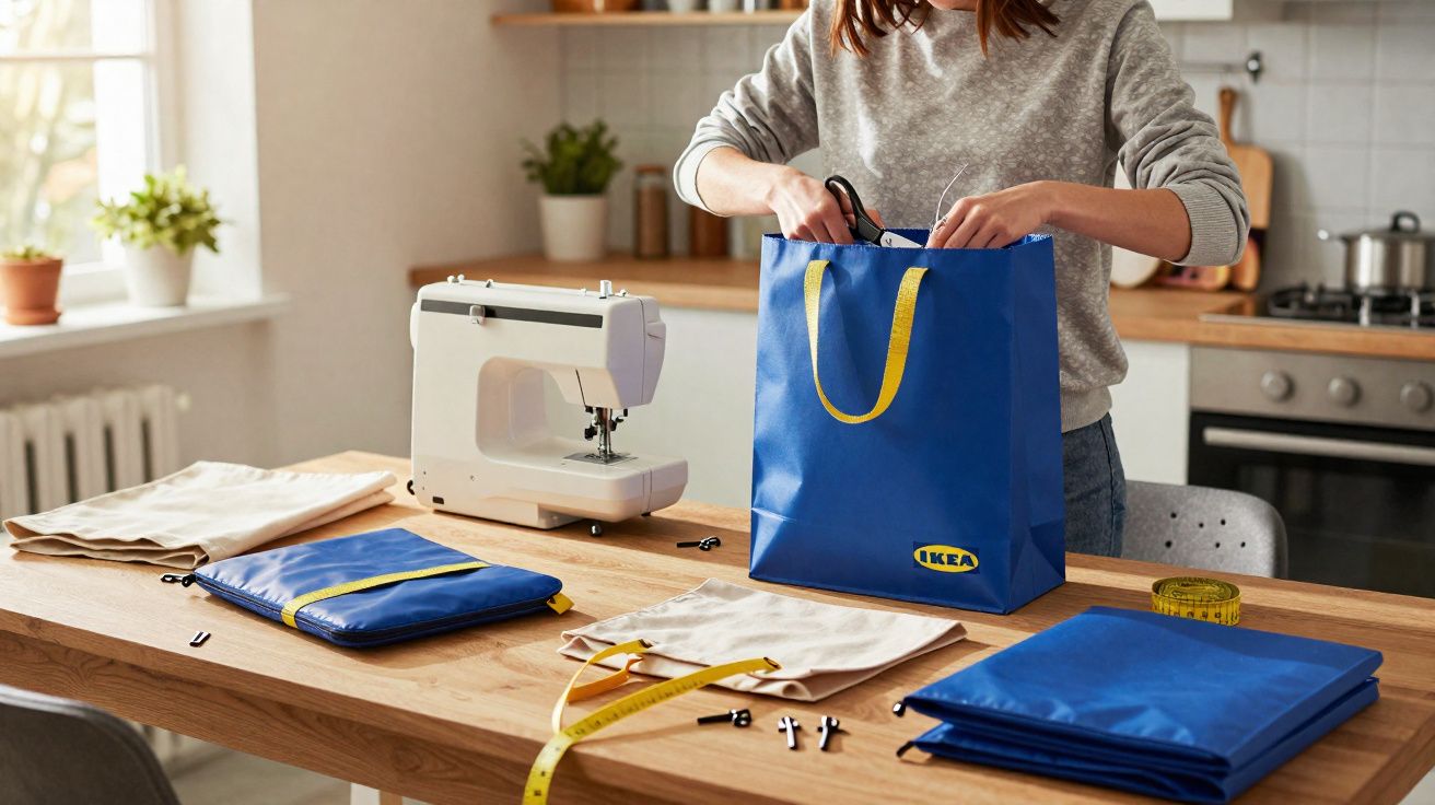 Pessoa a guardar tesouras numa sacola azul IKEA numa cozinha com máquina de costura e materiais de costura.