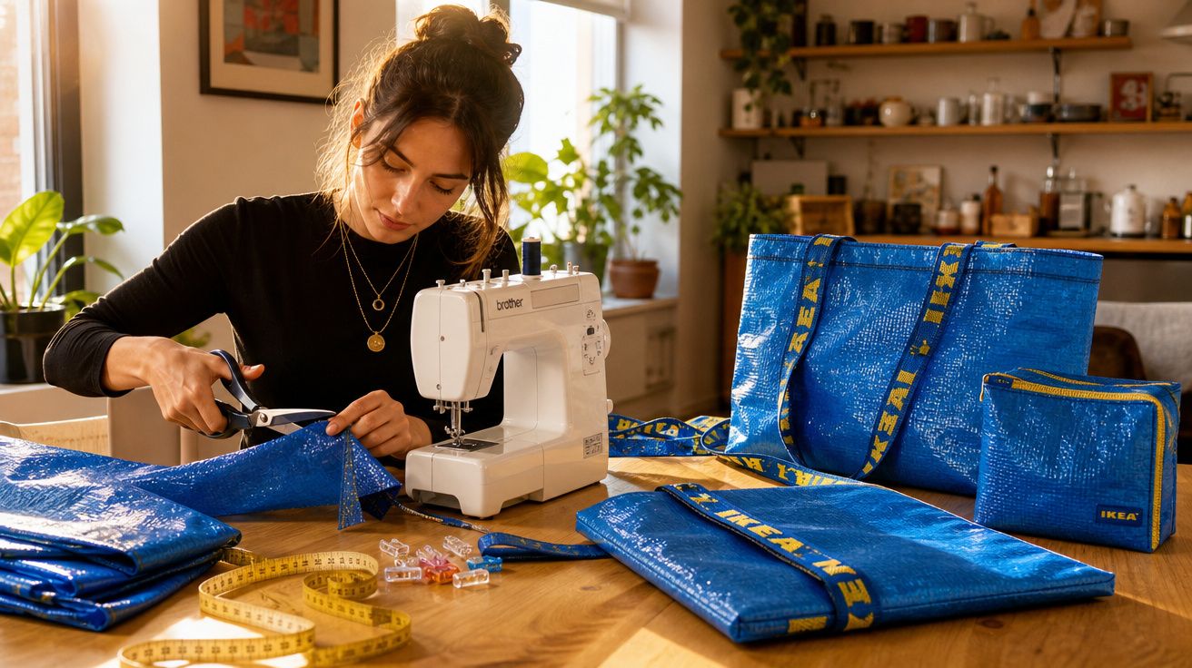 Mulher a cortar tecido azul IKEA junto a máquina de costura numa mesa com fitas métricas e sacos.