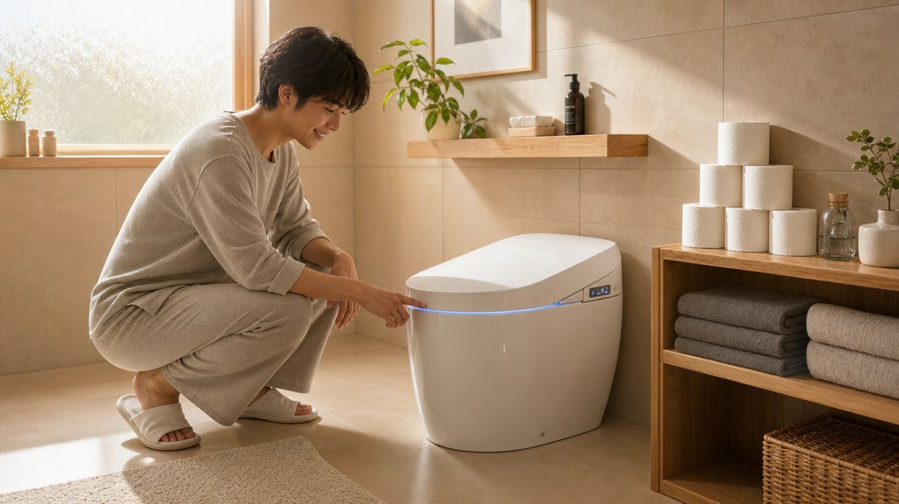 Pessoa sorri ao usar vaso sanitário moderno com luz azul numa casa de banho luminosa e organizada.