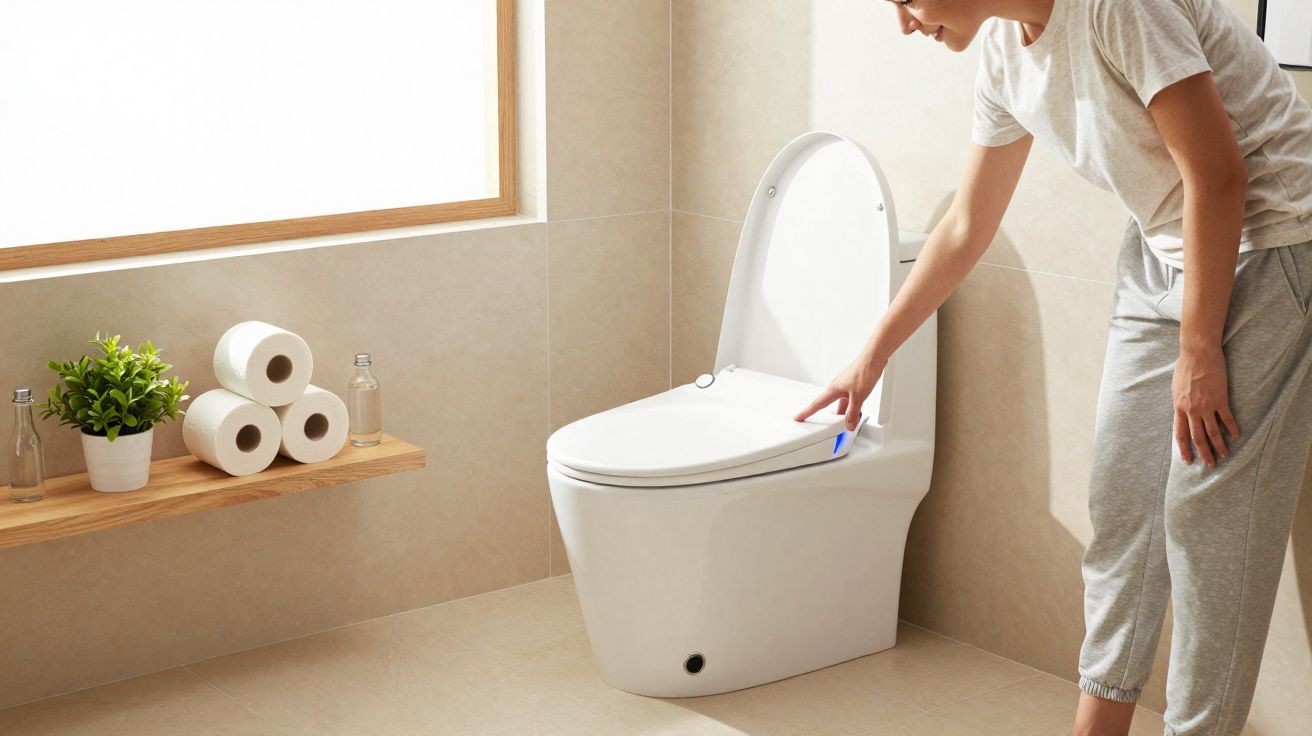 Pessoa a limpar a sanita branca com janela, prateleira com papel higiénico, plantas e frascos ao lado.