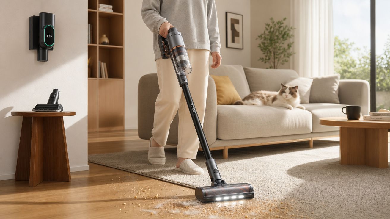 Pessoa a aspirar pó num sofá com aspirador sem fios num ambiente doméstico iluminado e confortável.