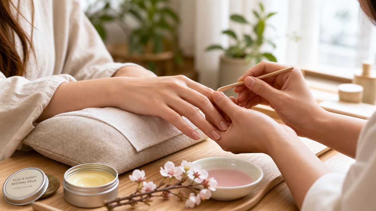 Pessoa a receber tratamento de manicure com ferramentas e produtos naturais numa mesa de madeira.