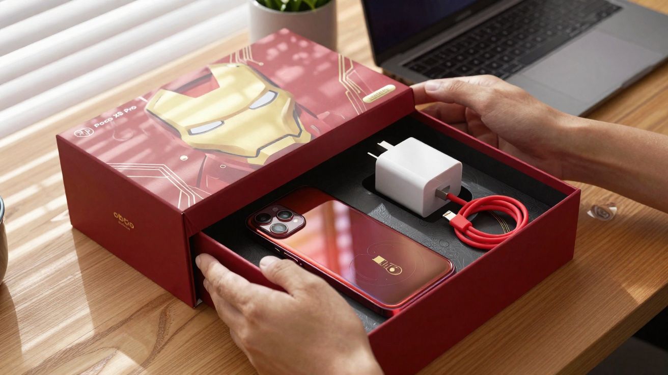 Caixa vermelha de edição Iron Man com smartphone e carregador, sobre mesa de madeira com portátil.