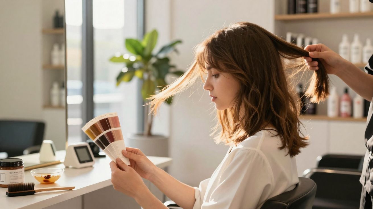 Mulher sentada no cabeleireiro, segura amostras de cores de cabelo enquanto cabeleireiro levanta seu cabelo.