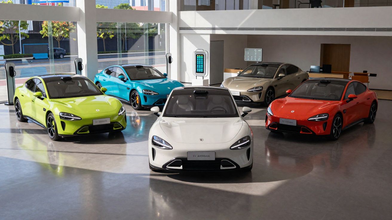 Cinco carros elétricos de várias cores expostos em showroom moderno com estações de carregamento.