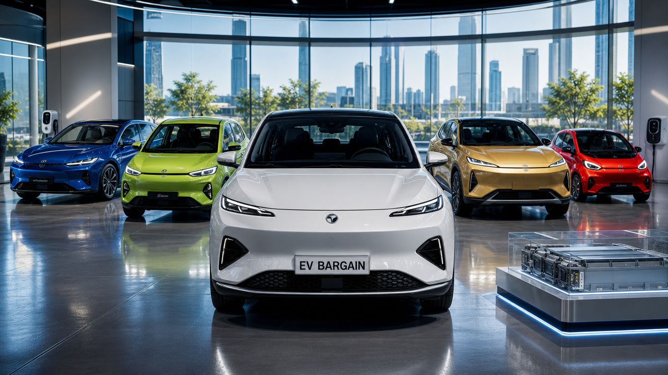 Cinco carros elétricos coloridos expostos numa sala moderna com grandes janelas e vista para a cidade.