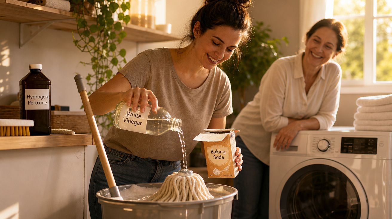 Duas mulheres felizes a preparar produtos naturais para limpeza numa lavandaria com máquina de lavar.