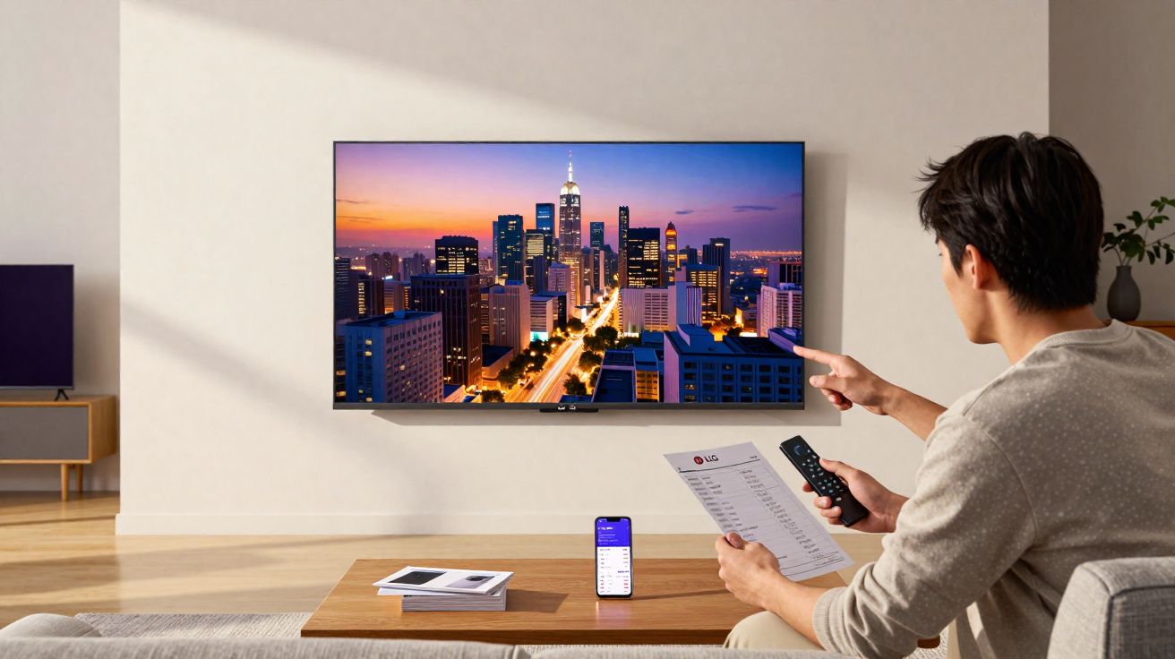 Homem sentado na sala a controlar televisão com imagem de cidade iluminada ao pôr do sol.