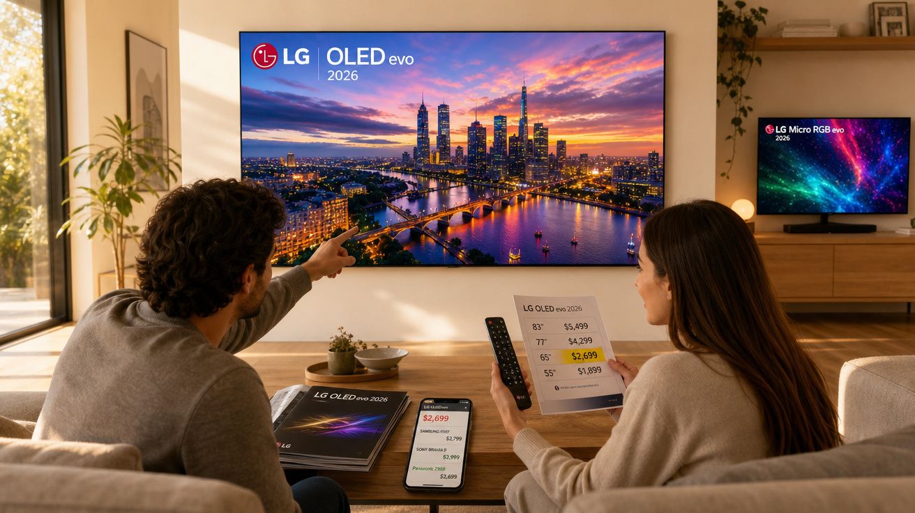 Casal sentado a analisar preços de TVs LG OLED evo 2026 com imagens vibrantes em salas modernas.
