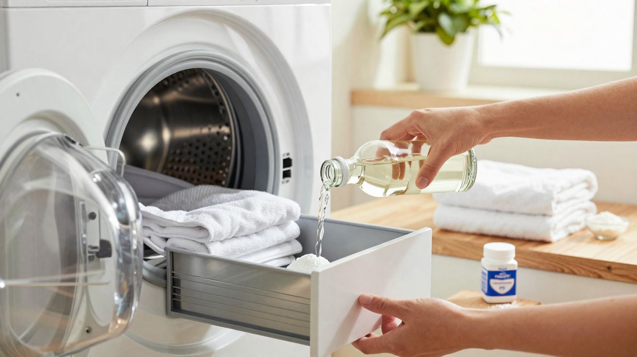 Pessoa a deitar detergente líquido na máquina de lavar roupa branca num ambiente doméstico iluminado.