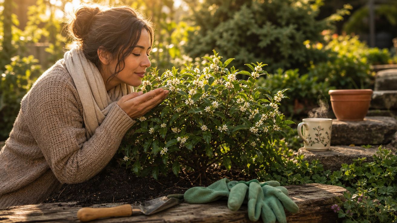 Mulher de suéter bege cheira flores brancas num jardim ao entardecer com luvas e utensílios de jardinagem.
