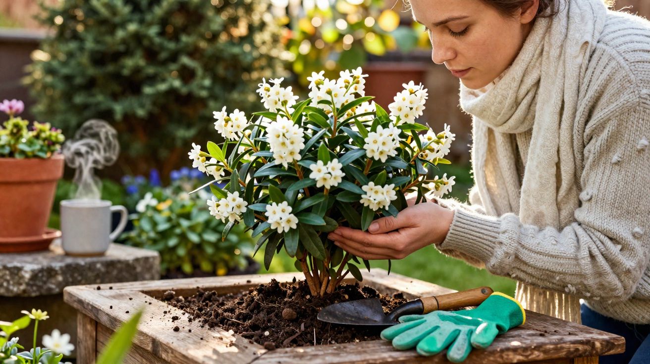 Mulher a cuidar de arbusto com flores brancas num canteiro de madeira num jardim ensolarado.
