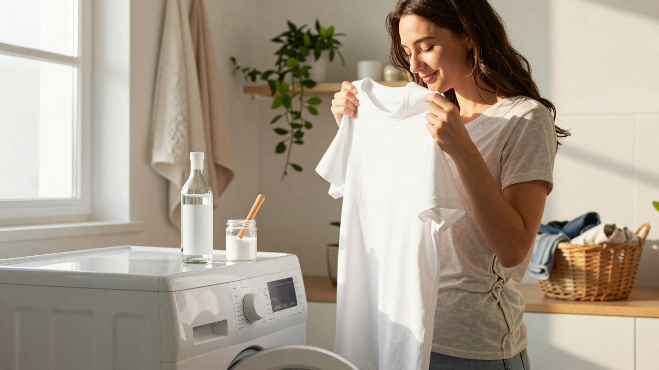 Mulher a segurar uma t-shirt branca limpa junto a uma máquina de lavar roupa numa divisão luminosa.