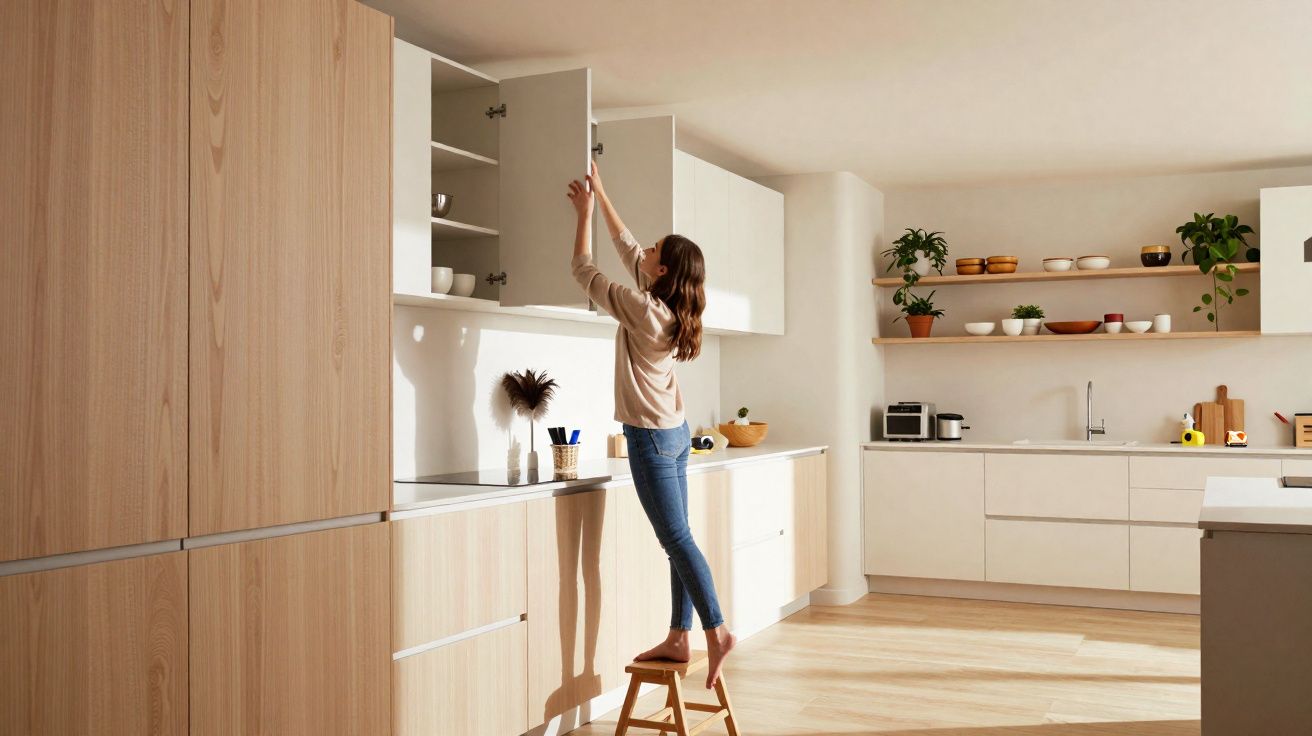 Mulher em casa moderna alcança armário alto na cozinha usando um pequeno banco de madeira.