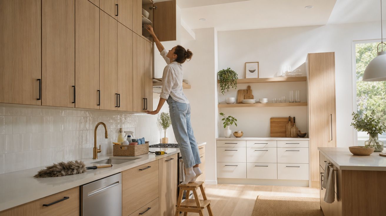 Mulher em cozinha moderna com armários em madeira, usando banco para alcançar prateleira alta.